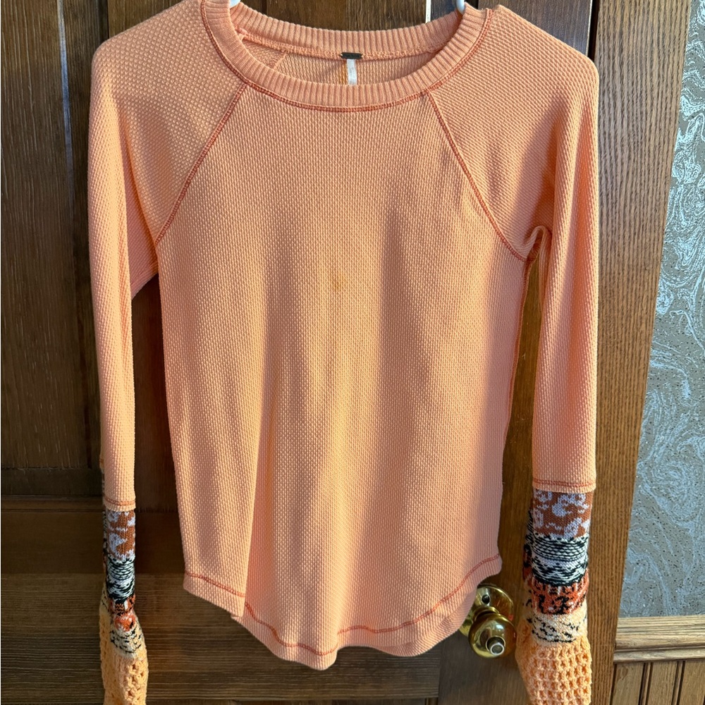 Free People Peach Long Sleeve Top with Patterned Cuffs